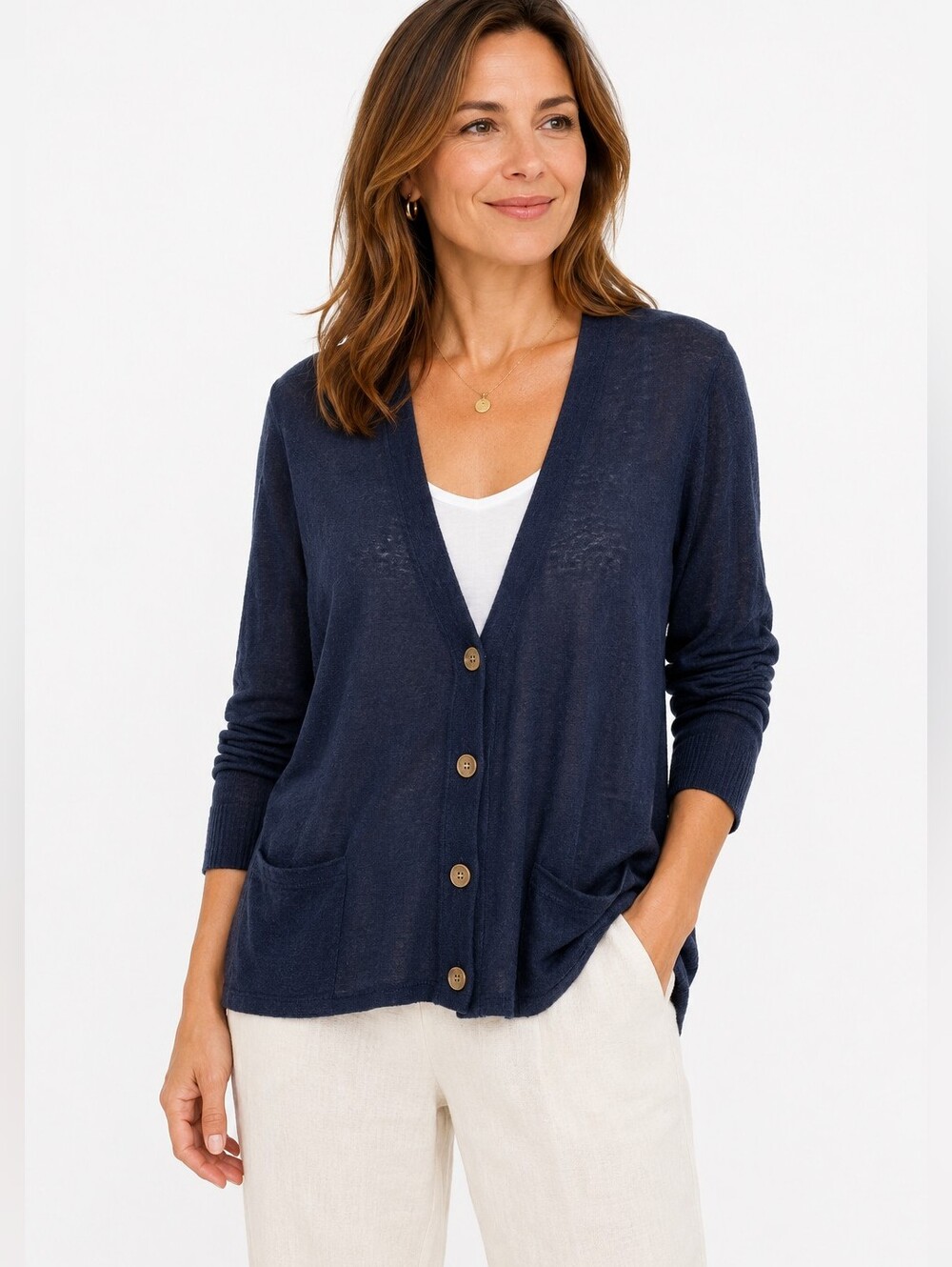 J.Jill Linen Blend Navy Button Front Cardigan Sweater Size XL